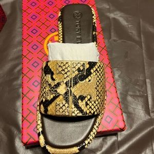 Tory Burch Gold and Black Snake Pattern Sandals